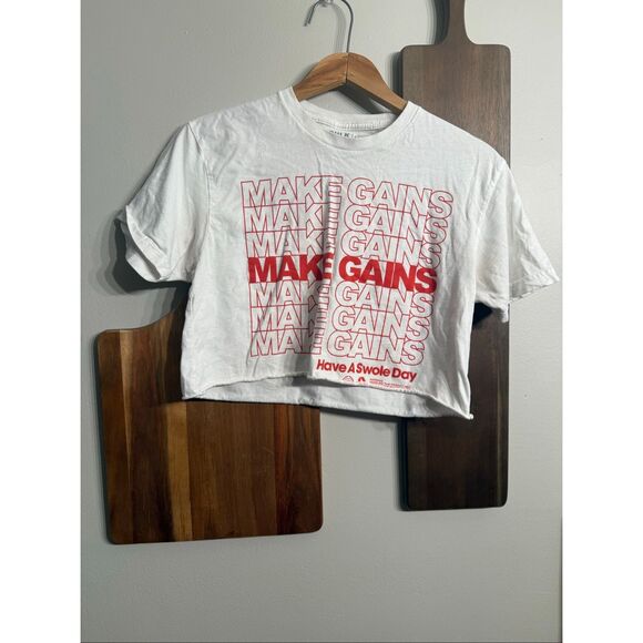 Bulk Gear Fitness Supply Co. White Make Gains Crew Neck Graphic Crop Tee Small - Picture 1 of 4